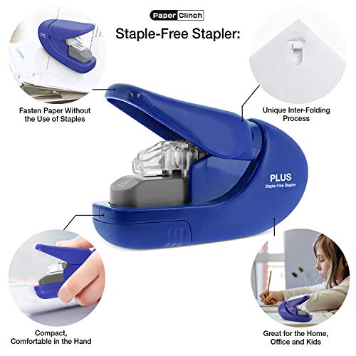 Smart Home Plus Paper Clinch Compact Staple-Free Stapler, Blue Collection